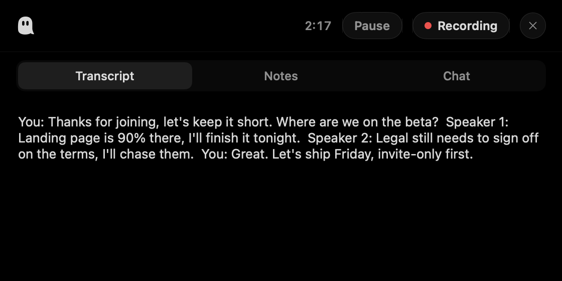 The Aside panel grown out of the notch during a recording: live transcript, recording badge with timer.